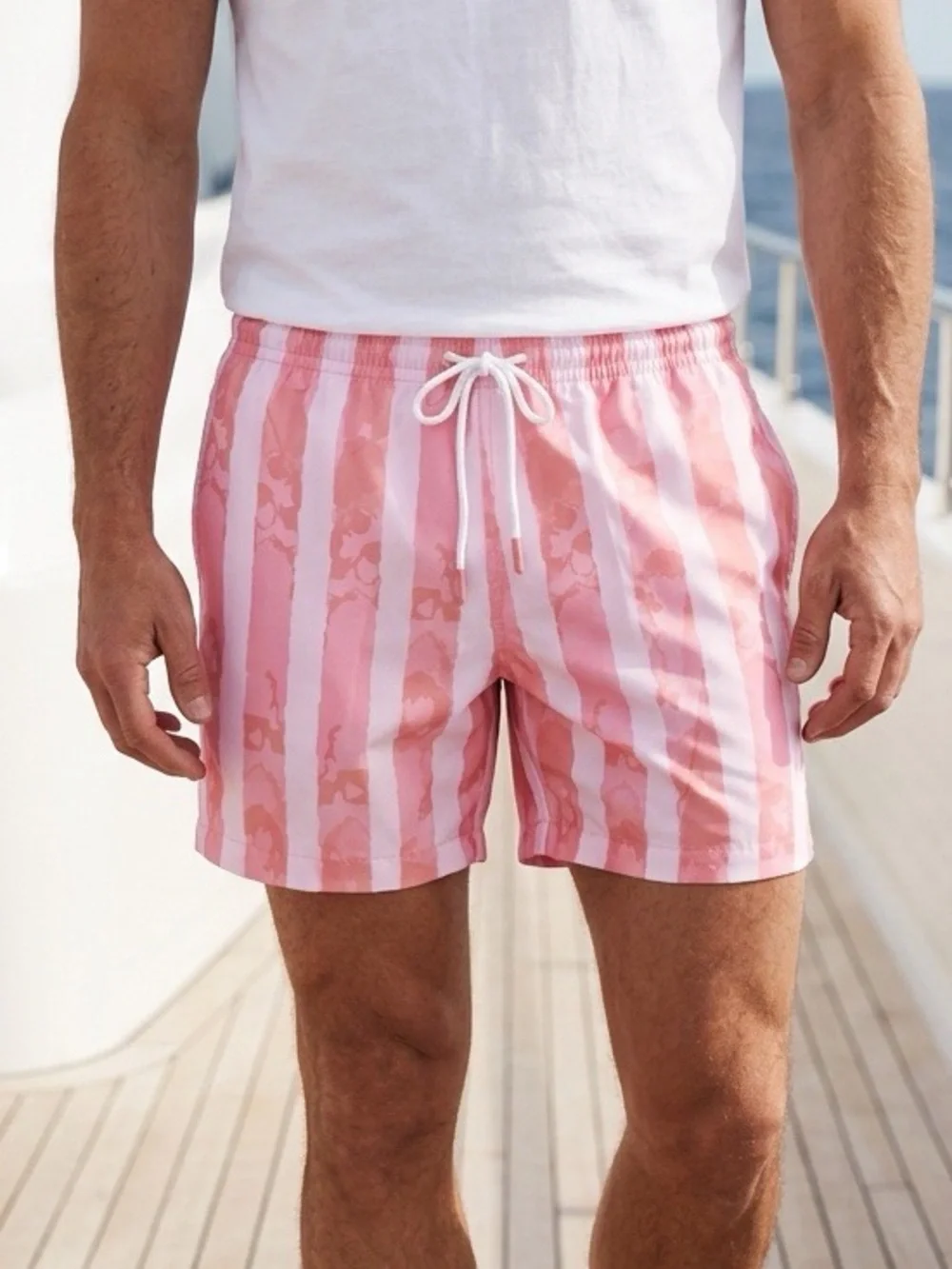 Men's Pink Striped Swim Trunks with Drawstring Waist M